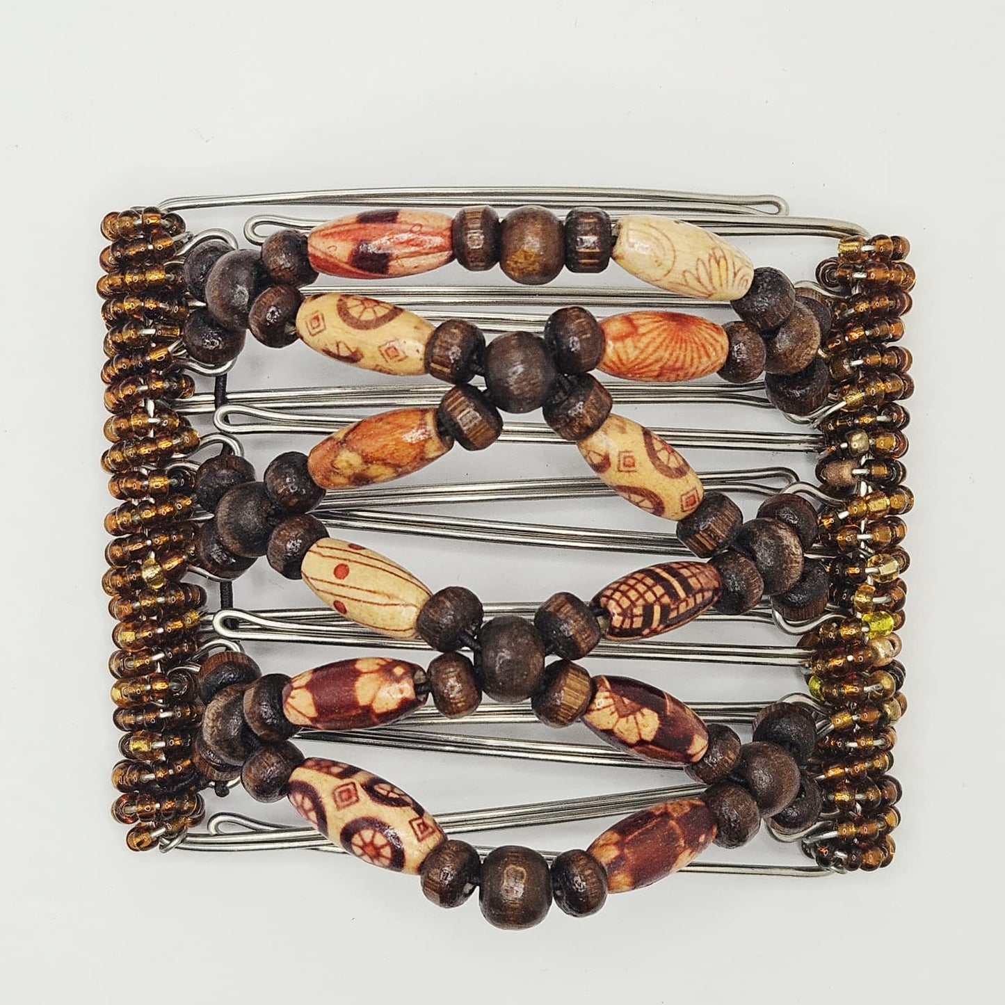 7 Tooth Medium Hair Comb, Dark Brown, Tribal Design, Wooden Beads, The Hair Jeweler Inc.