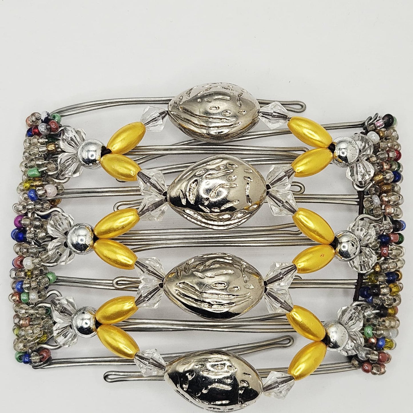 7 Tooth Medium Hair comb, Yellow, Rainbow, Multicolor, Silver Tone, Chunky Beads, Bling