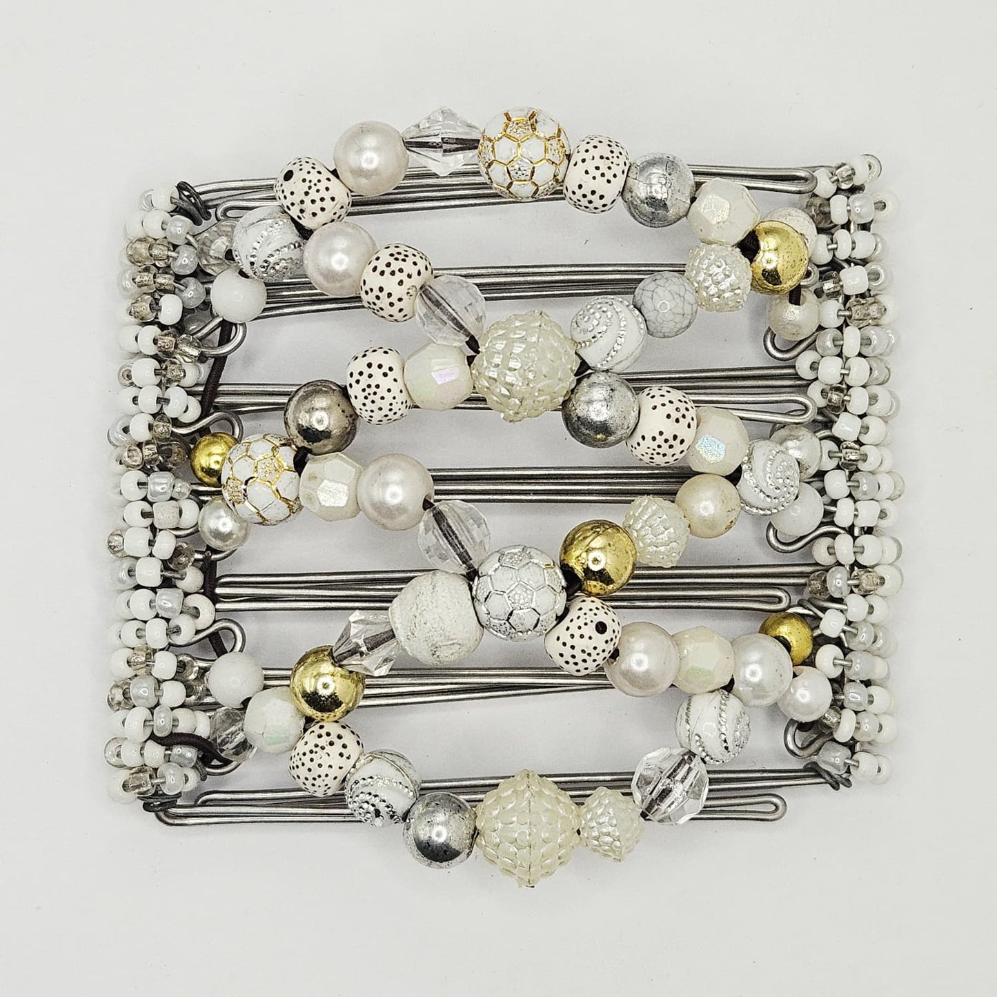 7 Tooth Medium Hair Comb, White, Cream, Gold and Silver Tones, Winter Whites, Medium Hair