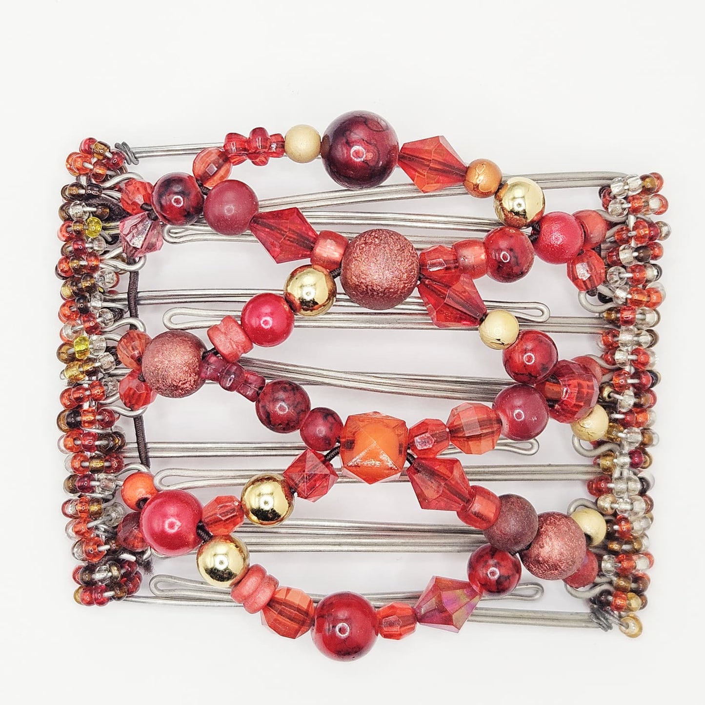 7 Tooth Medium Hair Comb, Medium Hair, Long Fine Hair, Festive, Red, Gold Tone, Hair Clip