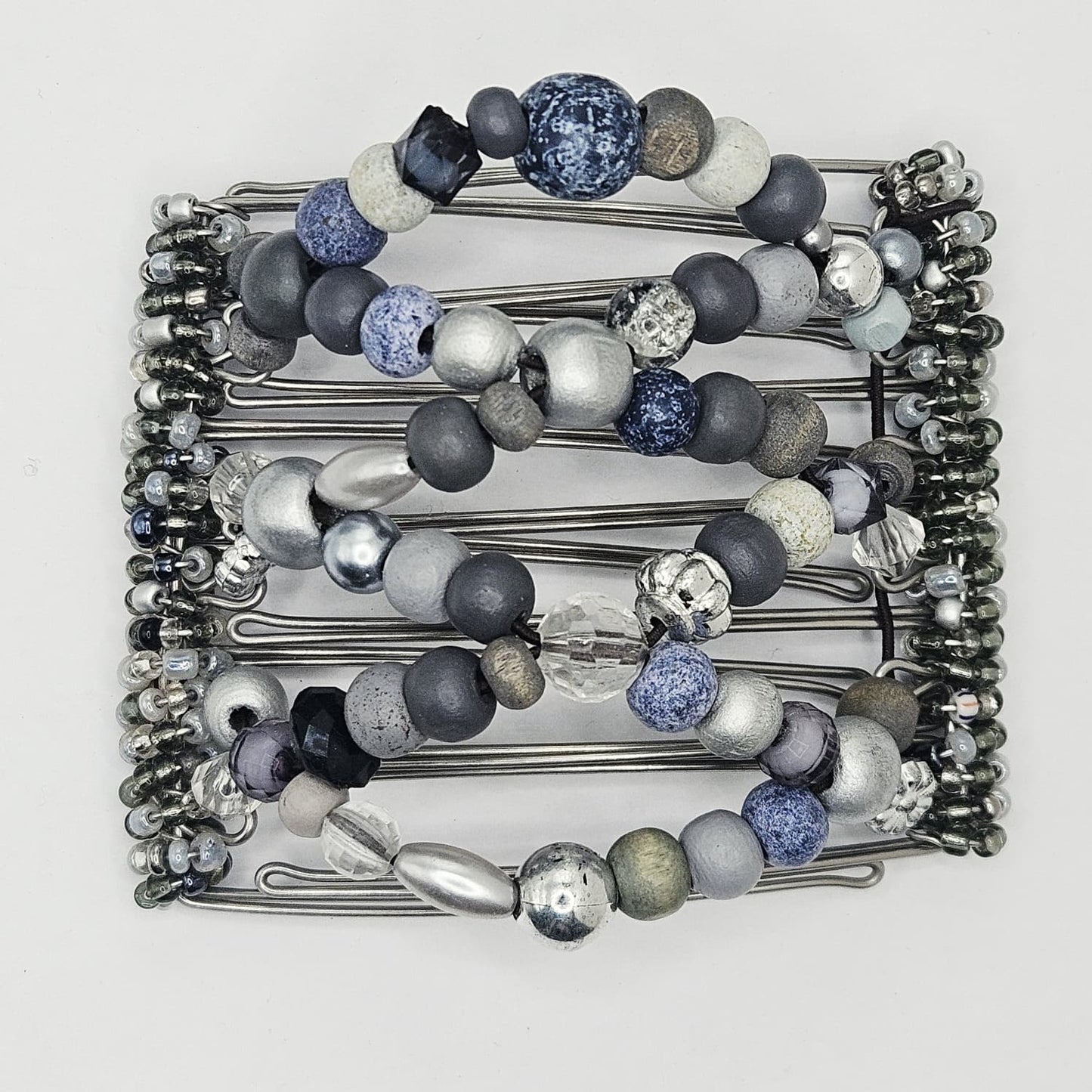 7 Tooth medium Hair comb, Neutral Shades of grey and blue hews, stone imitation,