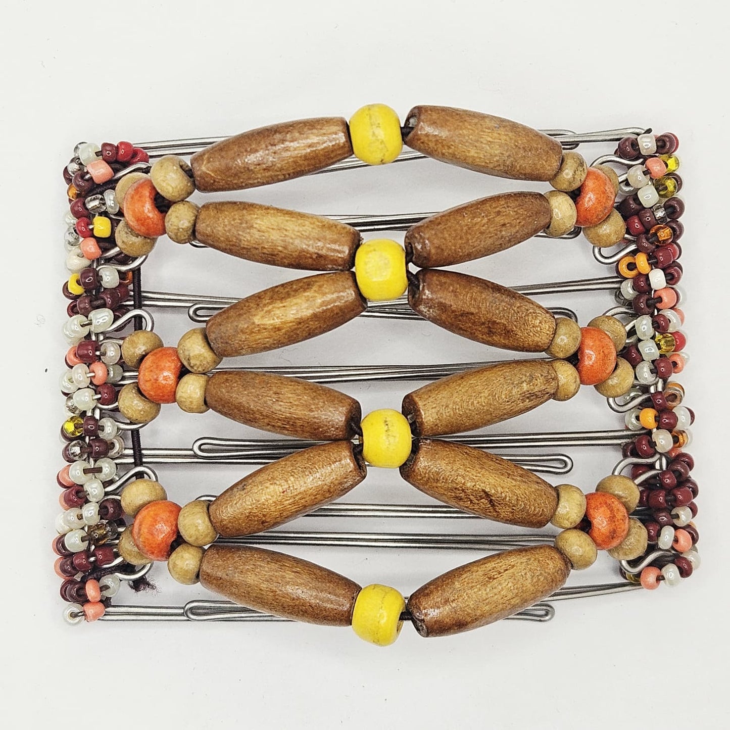 7 Tooth medium Hair comb, Orange, brown, yellow wood. bright and fun