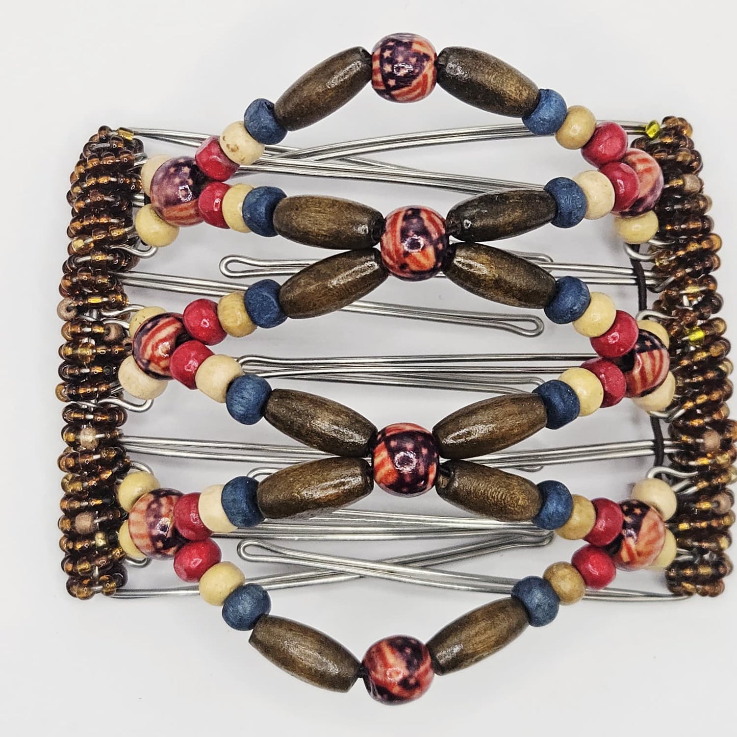 7 Tooth medium Hair comb, Wood red,white and blue design