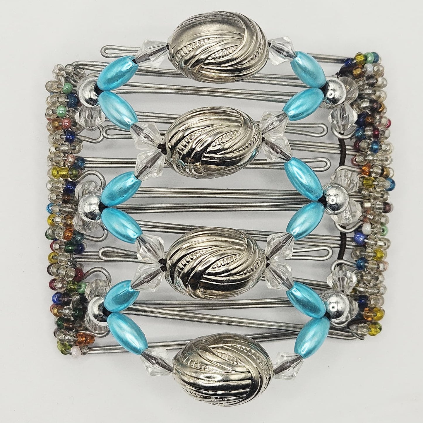 7-Tooth Medium hair comb, Oversized centre bead design, sky-blue and silver tone