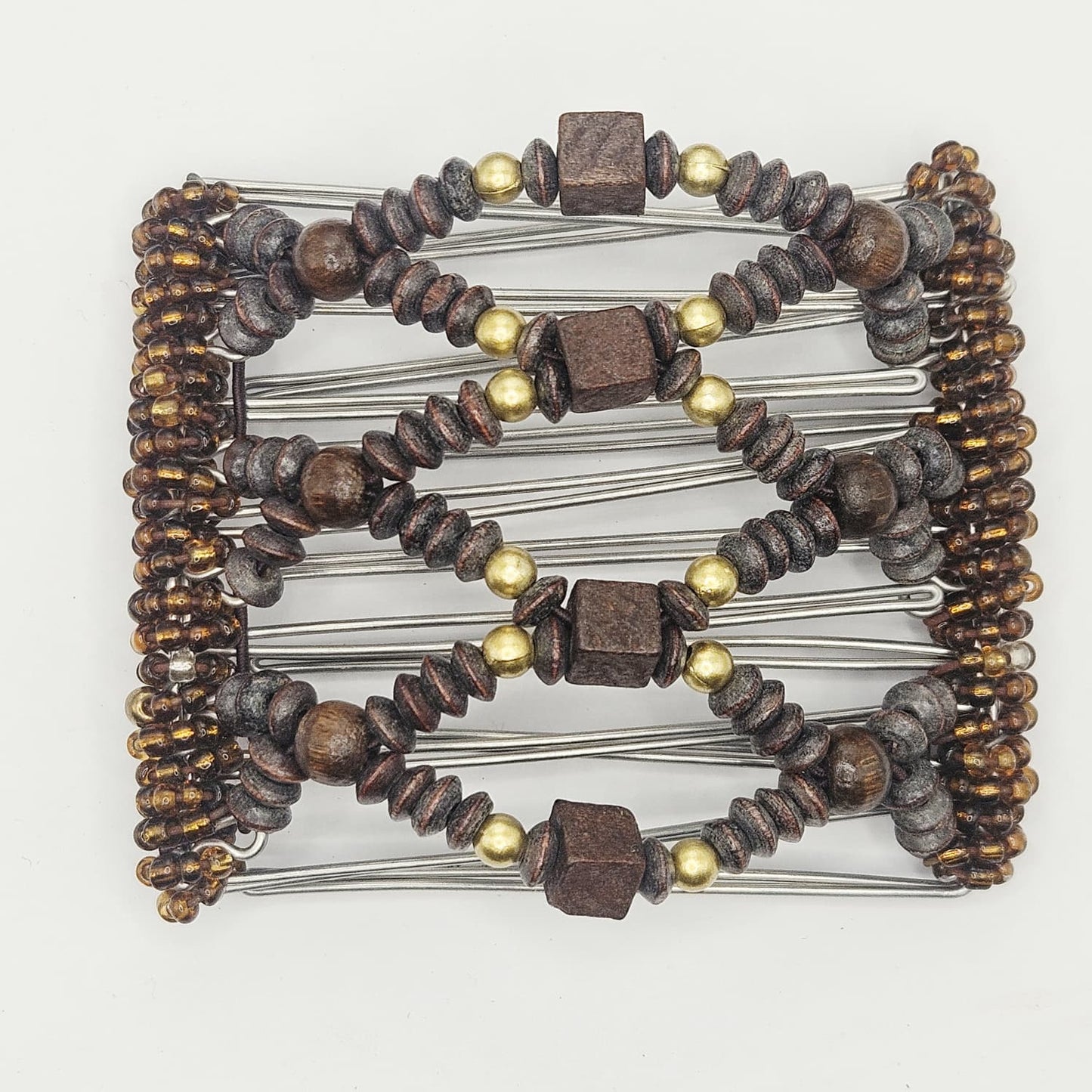 7-Tooth Medium hair comb, Wood and gold tone neutral