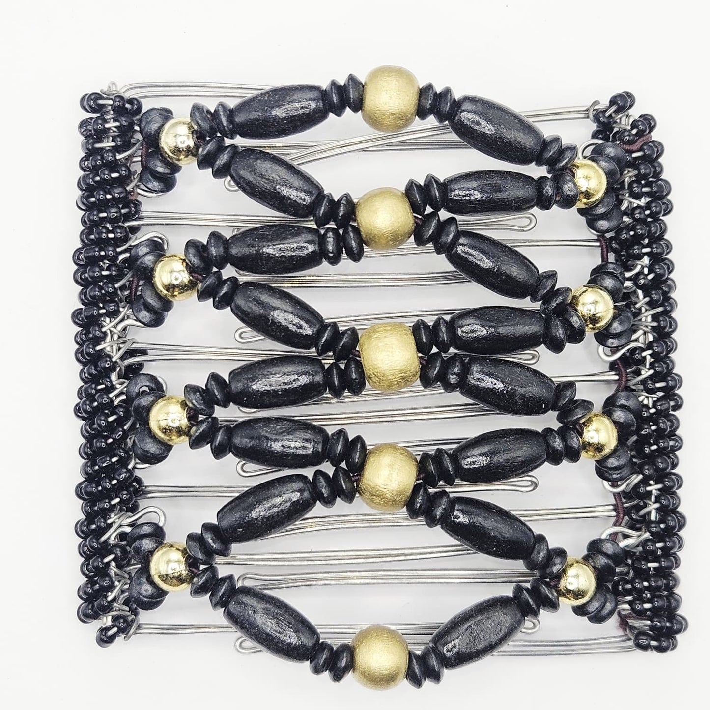 9 Tooth Large Hair comb,Black and gold tone wooden dressy design