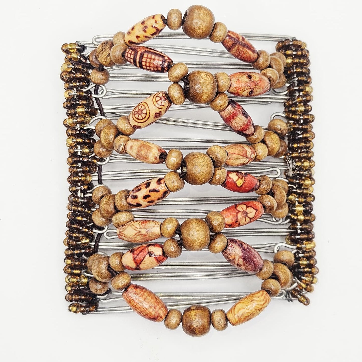 9 Tooth Large Hair comb, Brown, Tribal Design, Wooden Beads, The Hair Jeweler Inc.