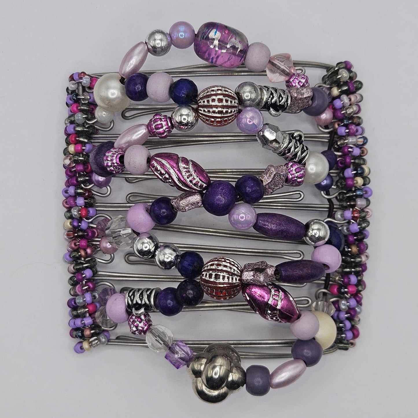 9 Tooth Large Hair comb,, Purple chunky mix, silver ornate beads