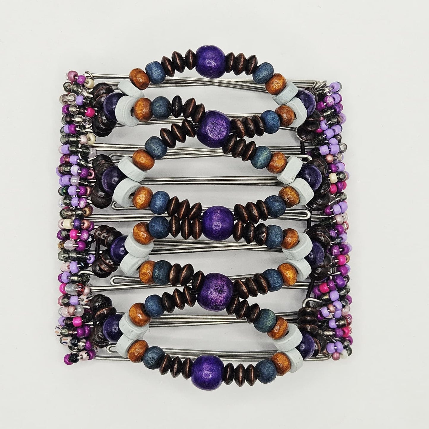 9 Tooth Large Hair comb, medallion Purple and brown geometric design