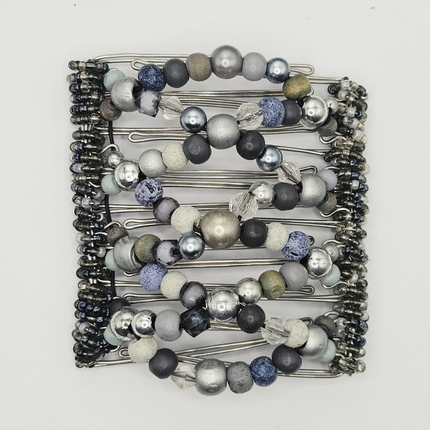 9 Tooth Large Hair comb, Neutral Shades of grey and blue hews, stone imitation,