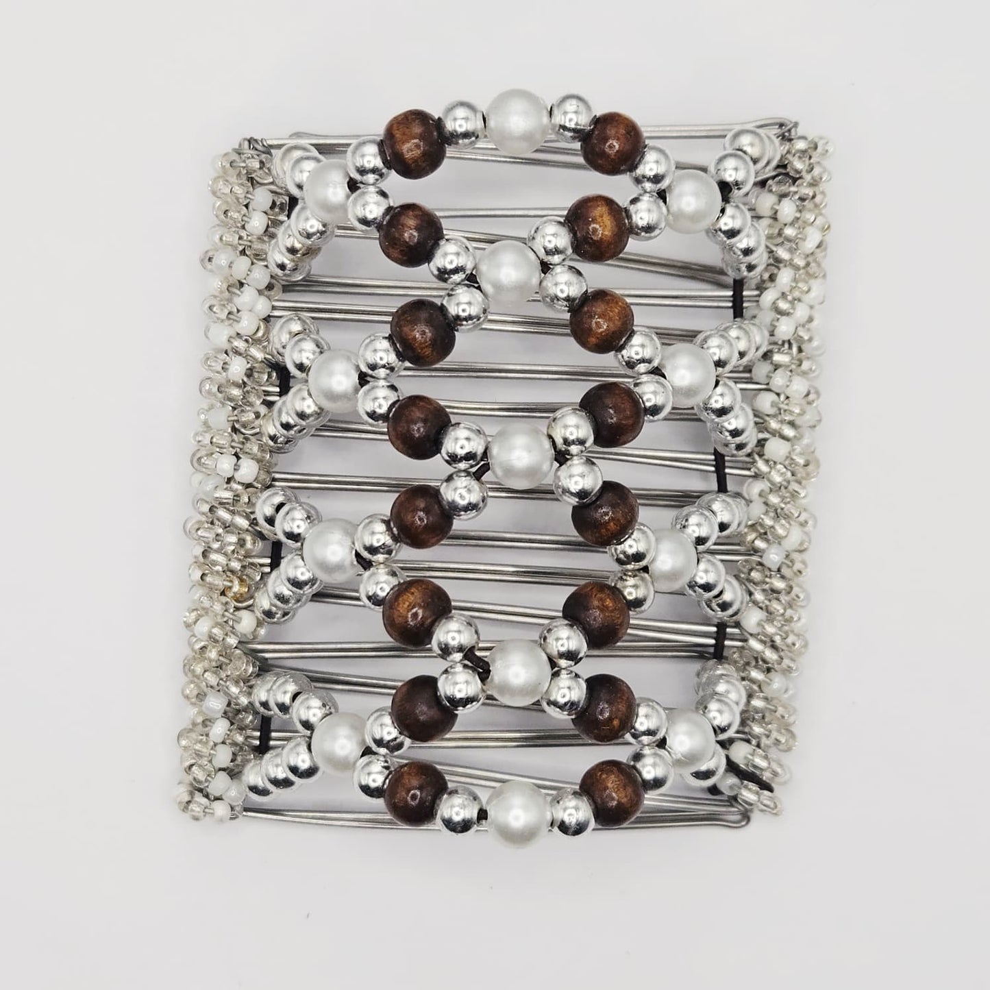 9 Tooth Large Hair comb, Silver and pearls, wood accents(brown