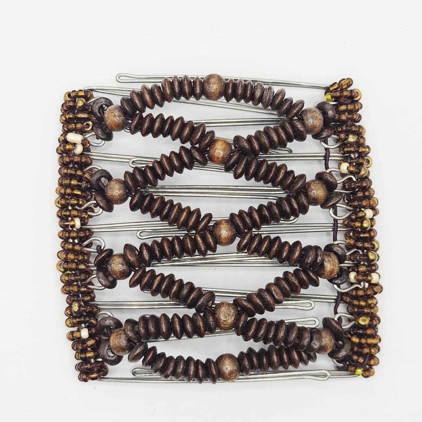 9 Tooth Large Hair comb, Minimalist, Brown Wood, Small Beads, Unisex, Medium Hair, Understated