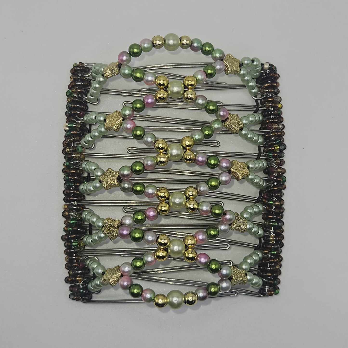 11 Tooth Extra-Large Hair comb, Shiney and whimsical, golds ,greens, pinks, golden stars