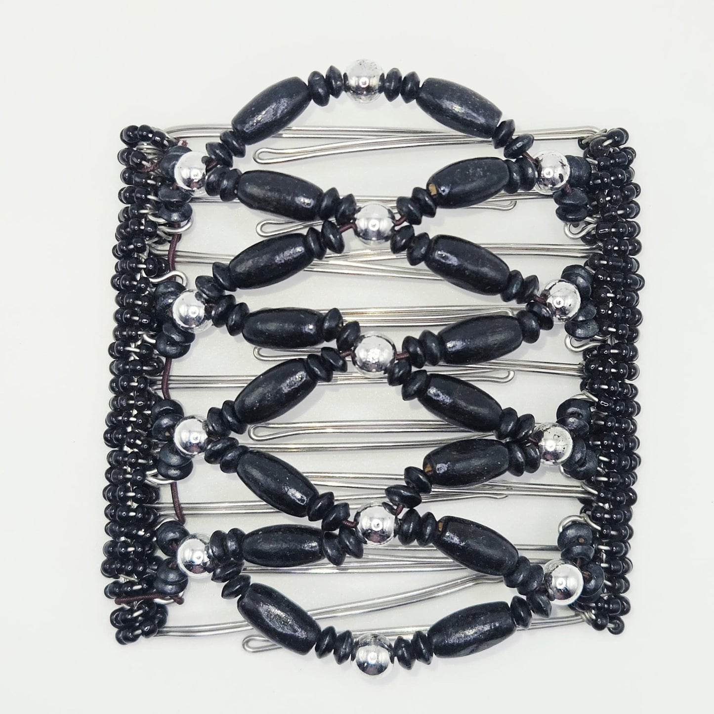 9 Tooth Large Hair comb by The Hair Jeweler Inc,, Black and Silver tone wooden dressy design