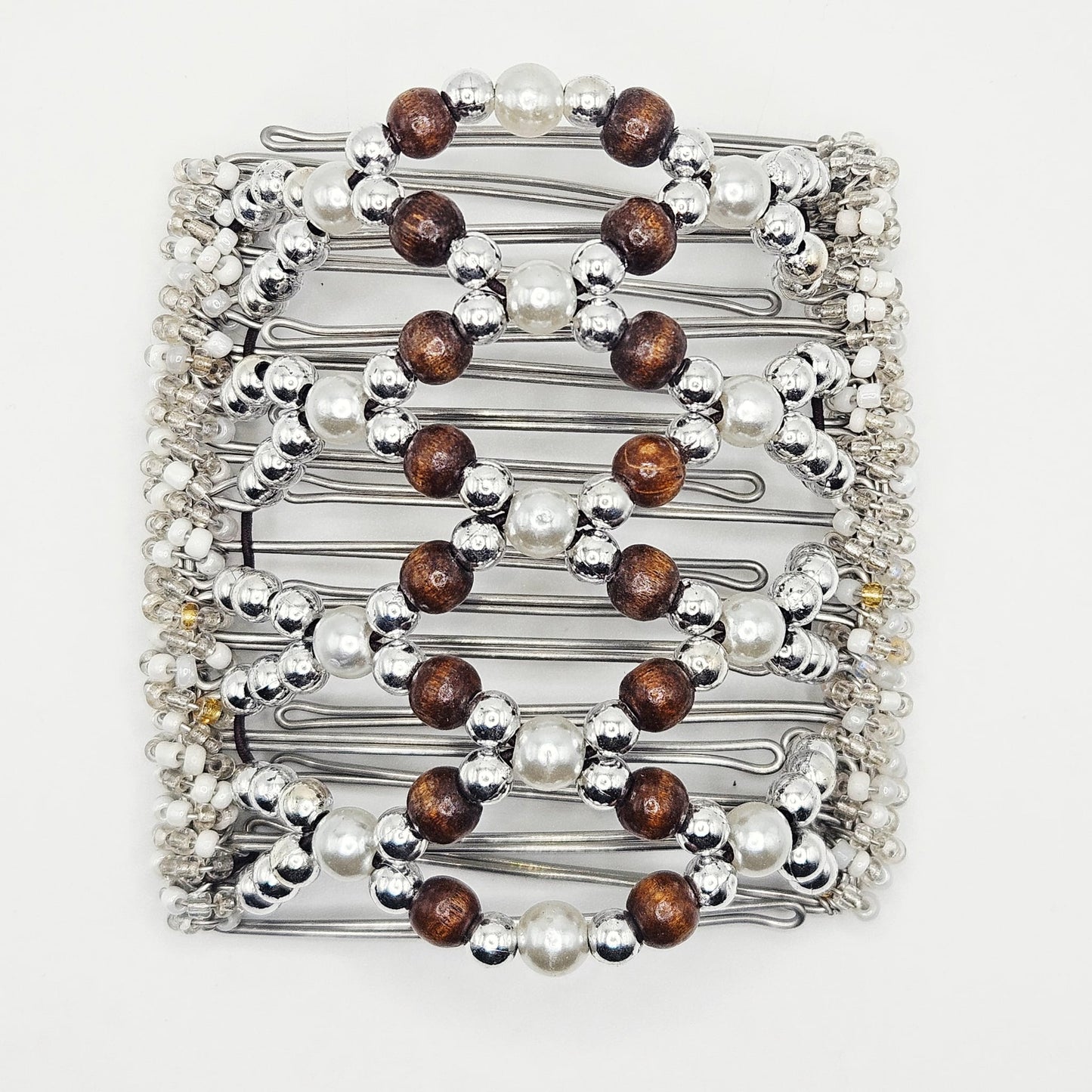 9 Tooth Large Hair comb by The Hair Jeweler Inc,, Silver and pearls, wood accents