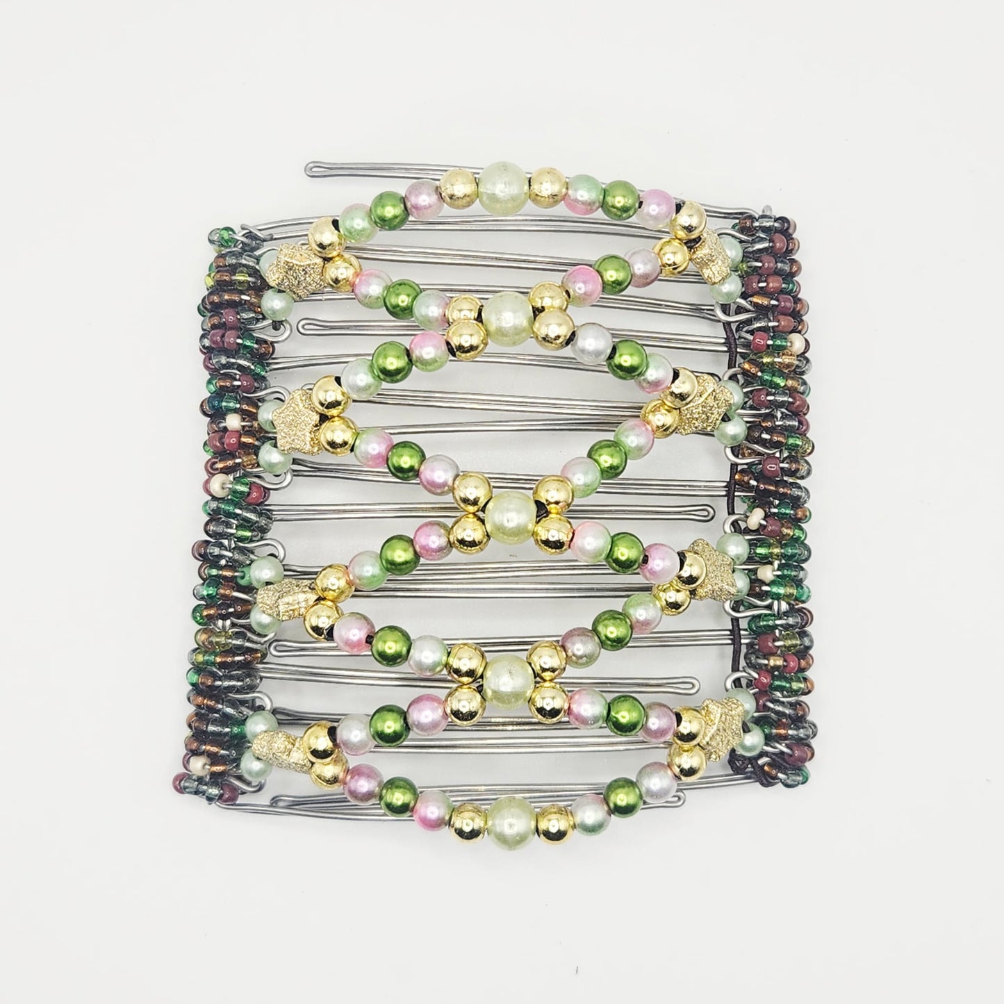 9 Tooth Large hair comb by The Hair Jeweler Inc., Shiney and whimsical, golds ,greens, pinks, golden stars