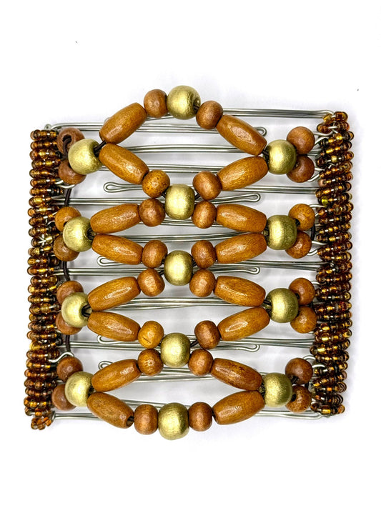 9 Tooth Large  Hair Comb, Light Brown Wood, Blonde, Gold Tone, Minimalist, Thick Hair, The Hair Jeweler Inc.