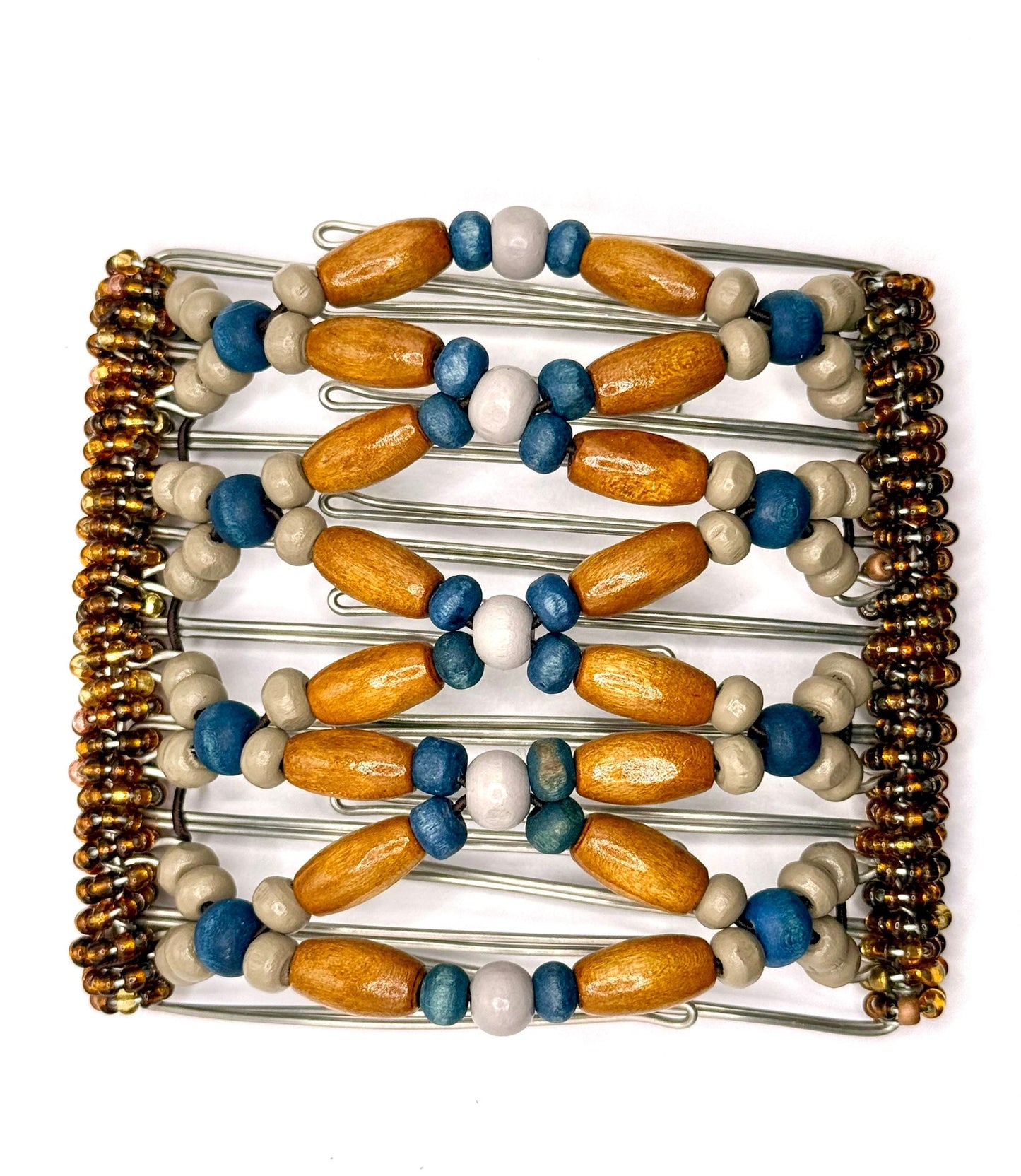 9 Tooth Large Hair comb, Light Brown Wood, Earth Tones, Blue, Gray, Neutrals, Hair Combs