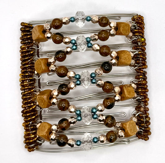 9 Tooth Large Hair comb, Thick Hair, Brown, Blue and Rose Gold Tone, Hair Clips, The Hair Jeweler Inc.