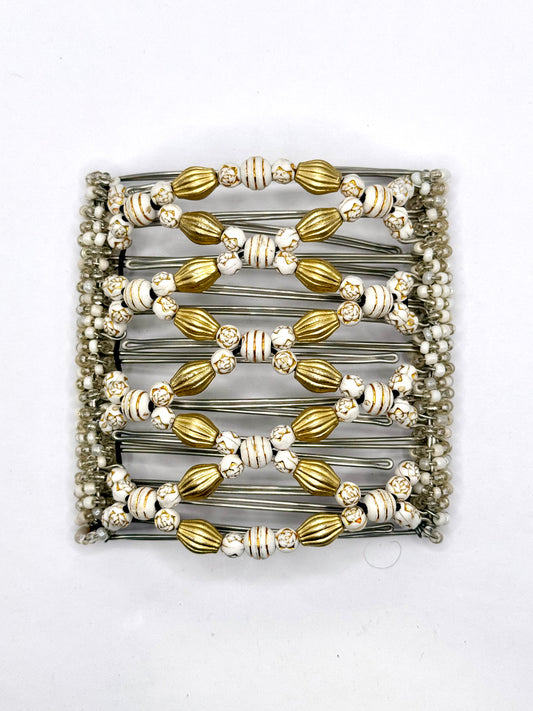 9 Tooth Large Hair Comb, Thick Hair, White, Gold Tone, Fancy, Bling, Formal, Hair Jewelry
