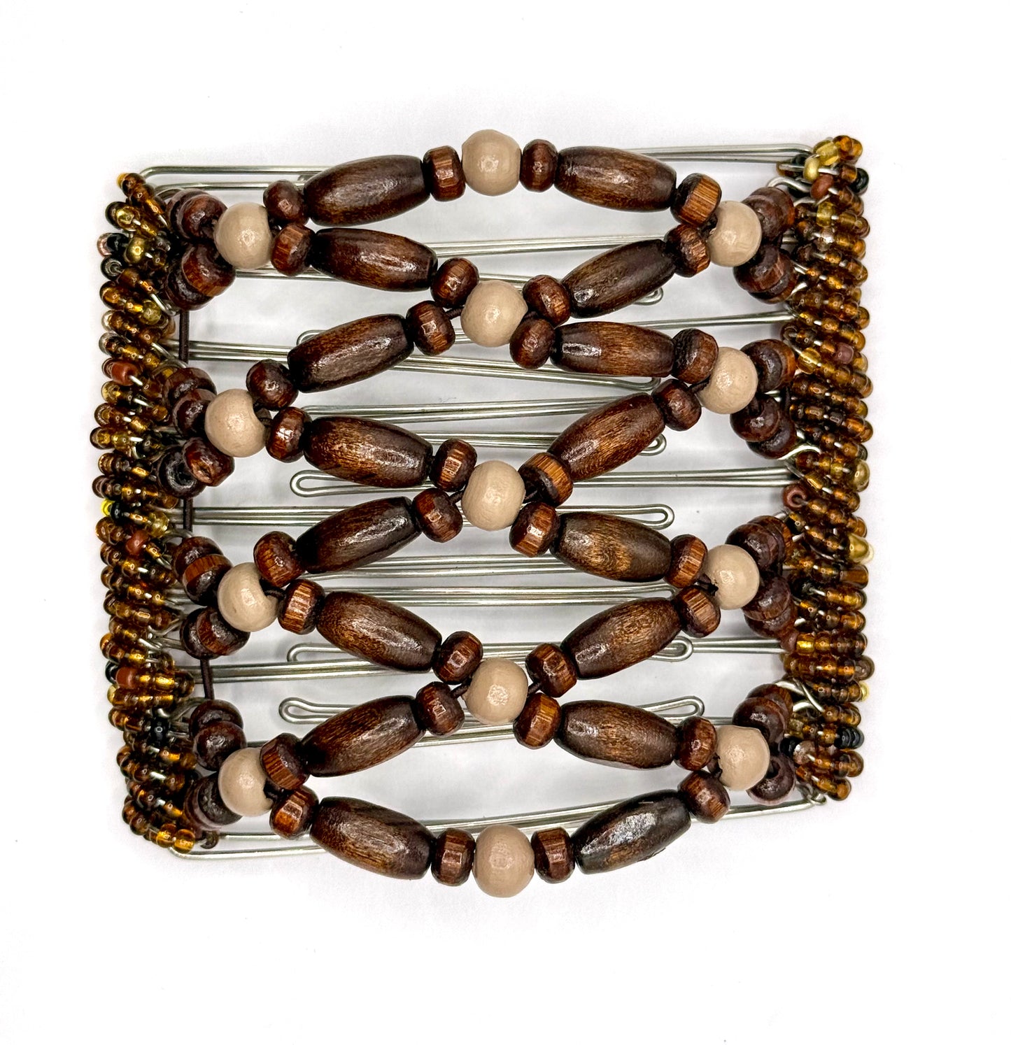9 Tooth Large Hair comb, Dark Brown, Beige, Wood Beads, Neutral, Brunette, Hair Things