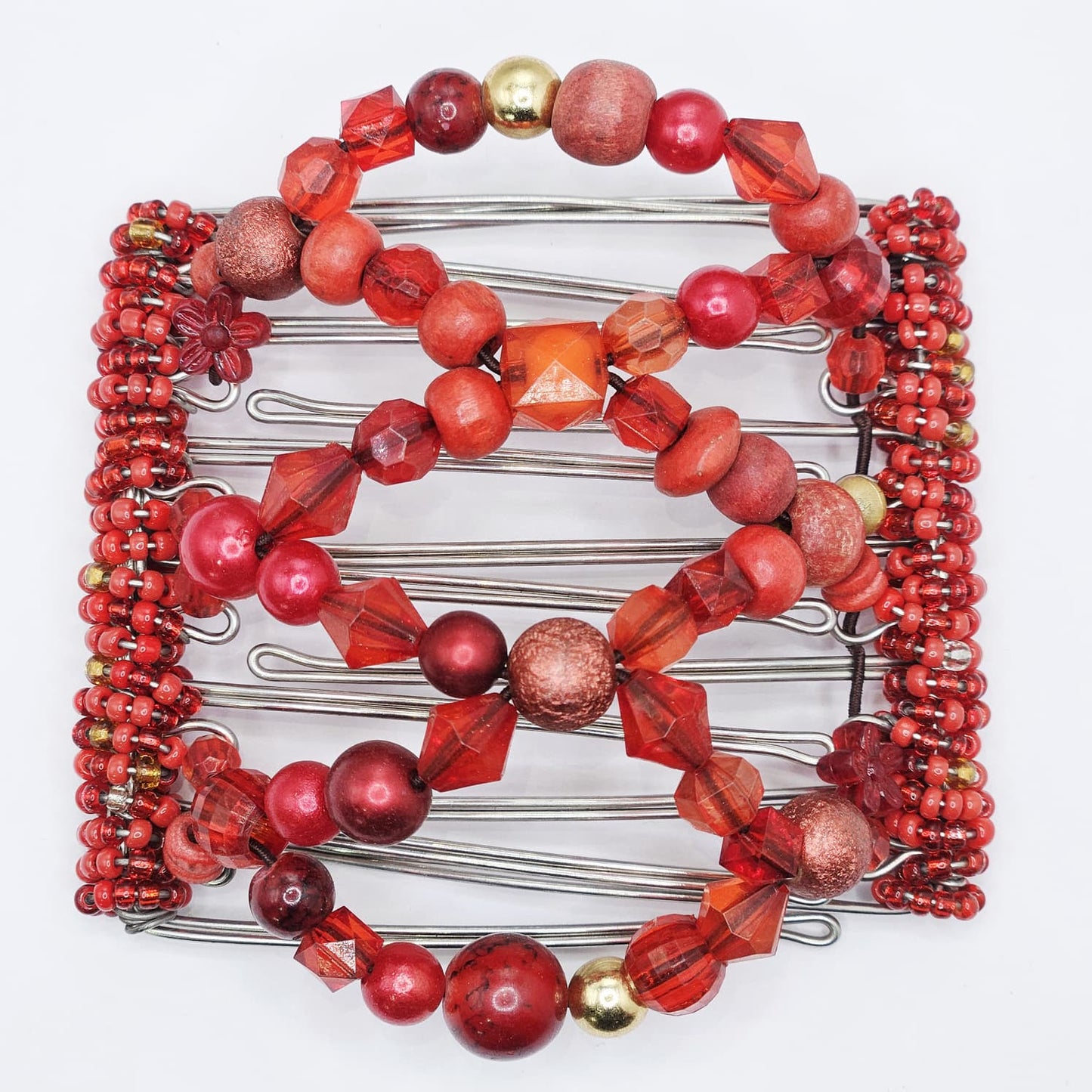 7 Tooth Medium Hair Comb, Medium Hair, Long Fine Hair, Festive, Red, Gold Tone, Hair Clip