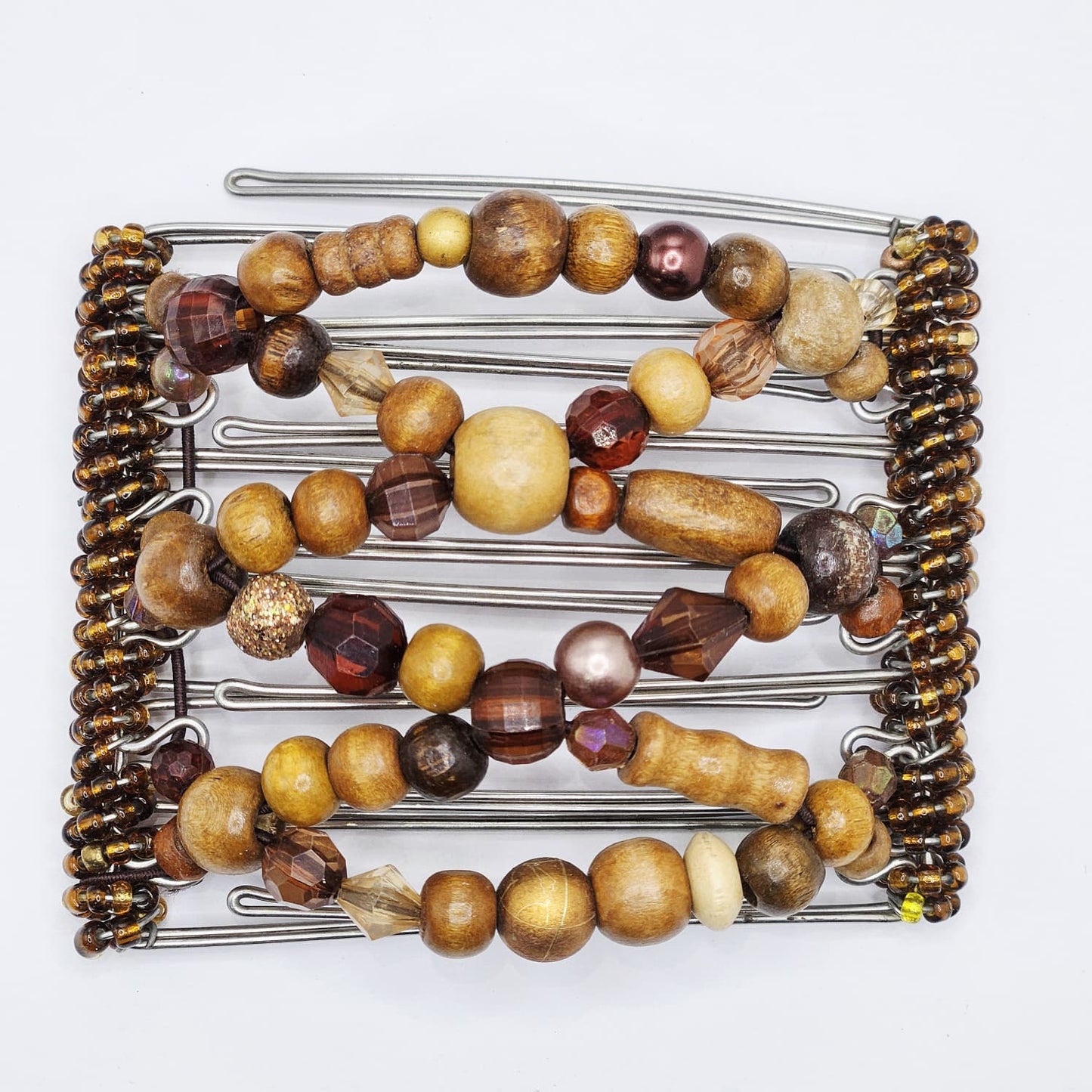 7 Tooth Medium Hair Comb, Brown Wood, Wood and Acrylic Mix, Auburn, Red Head, Brunette, Bun Holder