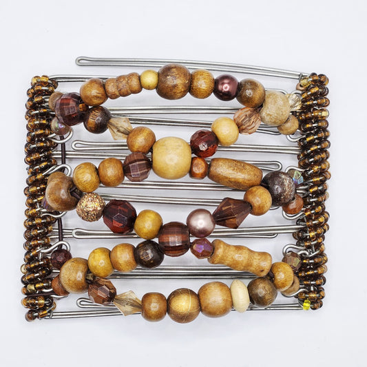 7 Tooth Medium Hair Comb, Brown Wood, Wood and Acrylic Mix, Auburn, Red Head, Brunette, Bun Holder