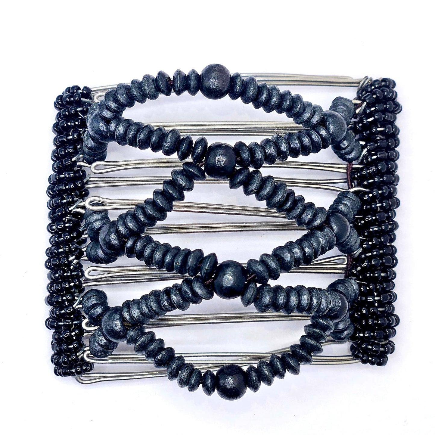 7 Tooth Medium Hair Comb, Minimalist, Black Wood, Small Beads, Unisex, Medium Hair, Understated