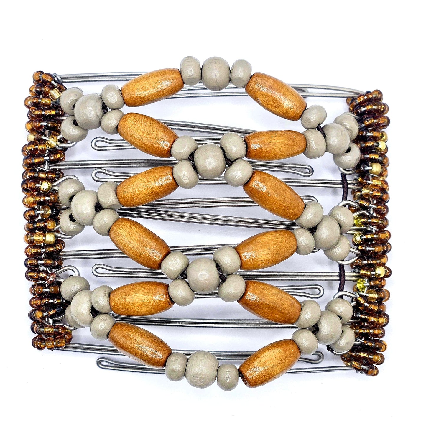 7 Tooth Medium Hair comb, Hair Clip, Light Brown, Blonde, Light Gray Wood Beads, The Hair Jeweler