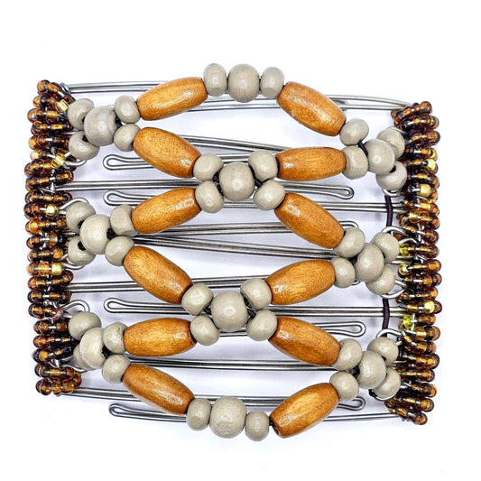 7 Tooth Medium Hair comb, Hair Clip, Light Brown, Blonde, Light Gray Wood Beads, The Hair Jeweler