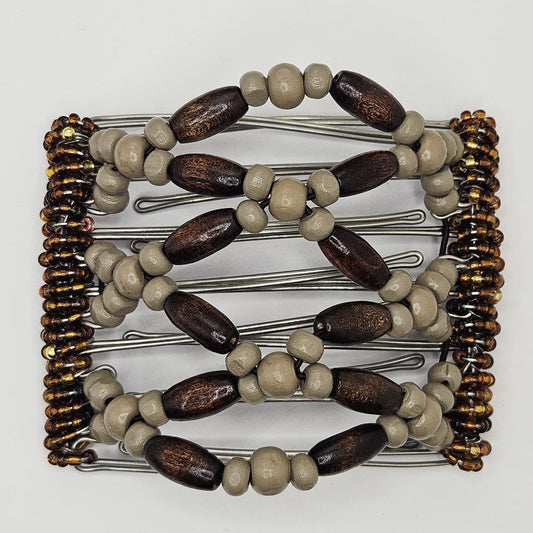 7 Tooth Medium Hair comb, Hair Clip, Dark Brown, Brunette, Light Gray Wood Beads, The Hair Jeweler