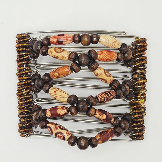 7 Tooth Medium Hair Comb, Dark Brown, Tribal Design, Wooden Beads, The Hair Jeweler Inc.