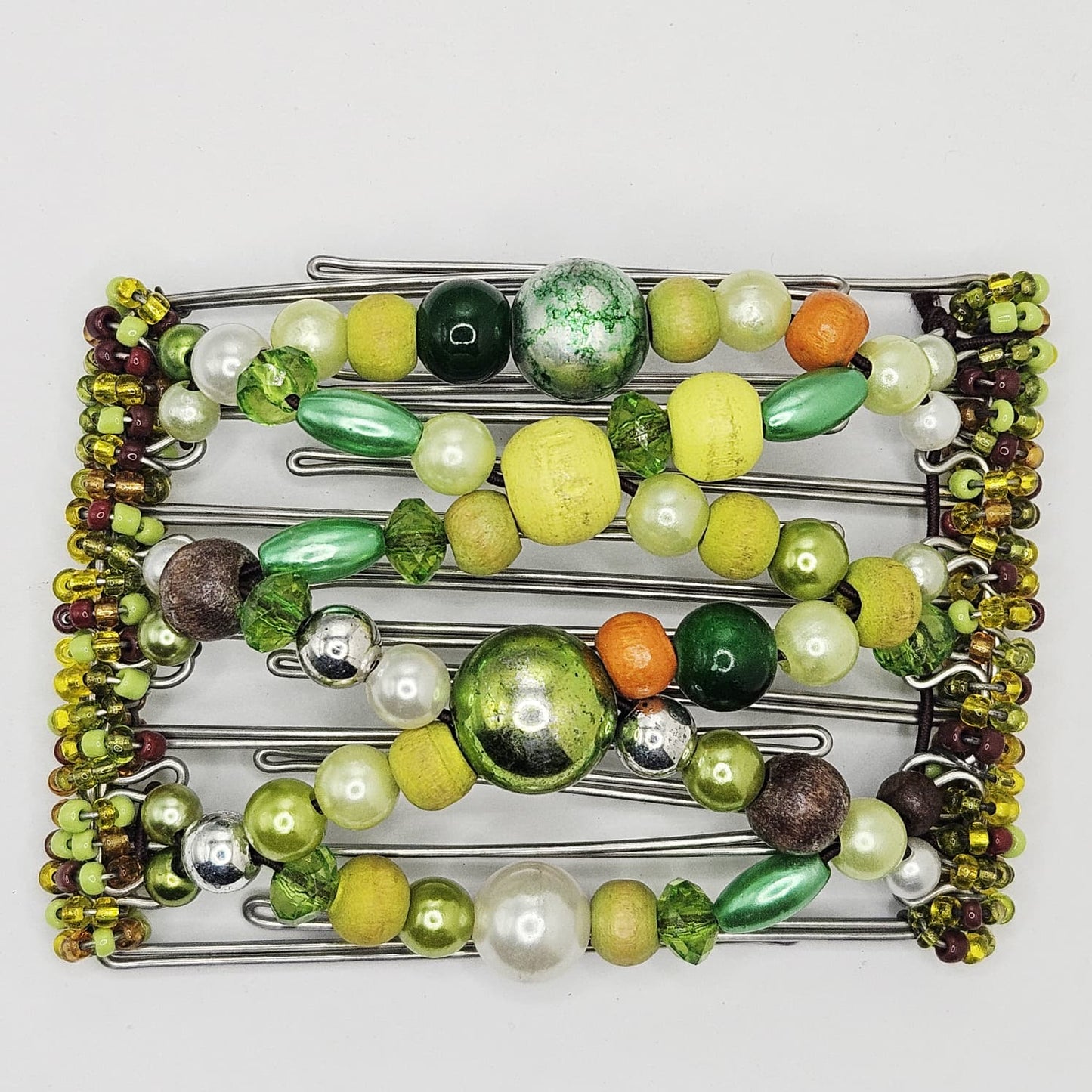 7 Tooth Medium Hair Comb, Earthy Green Mix, Hippie Beads, Lime, Light Green, Brown Wood, Tropical
