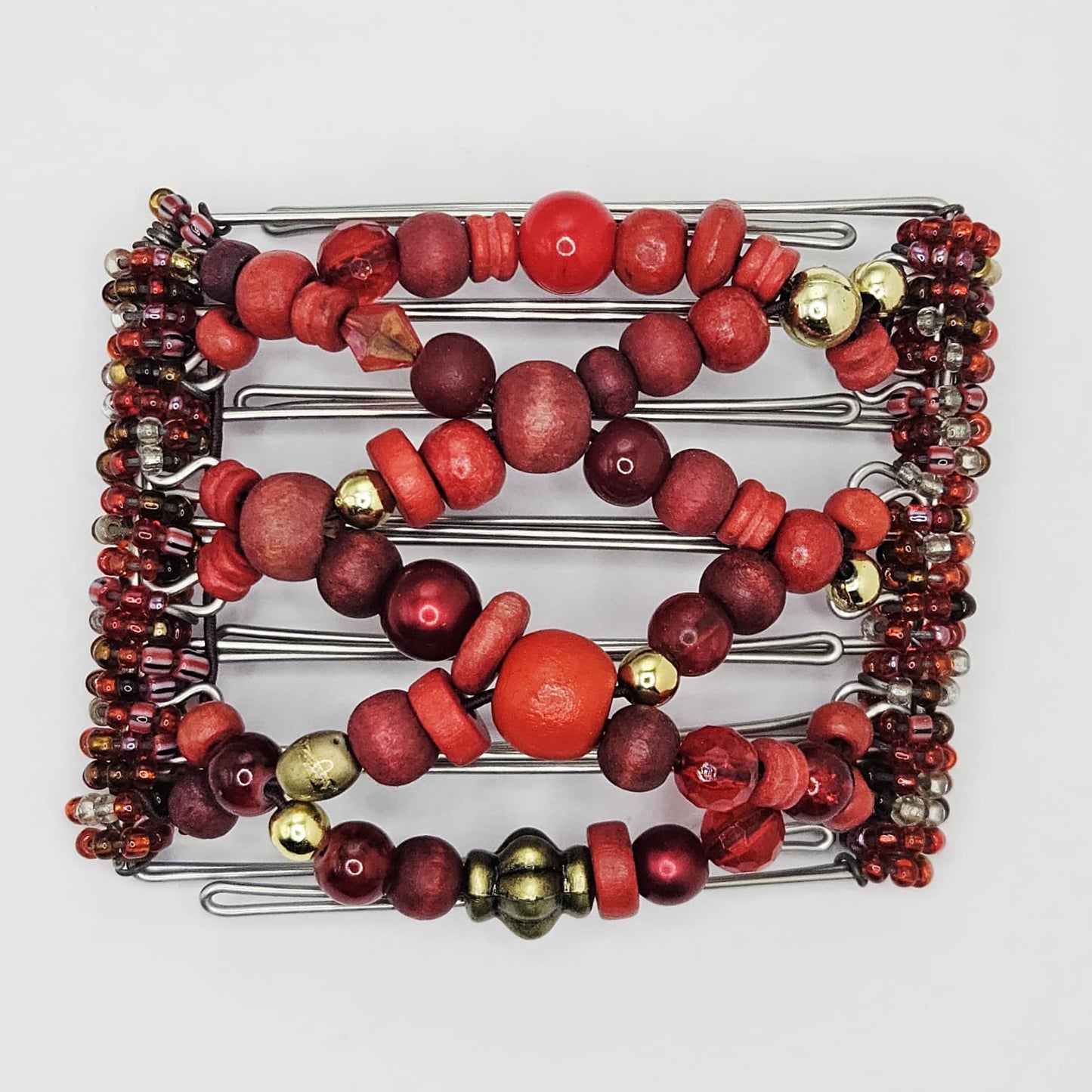 7 Tooth Medium Hair Comb, Barrette, Red, Gold Tone, Festive, Holidays, Hair Jeweler Inc.