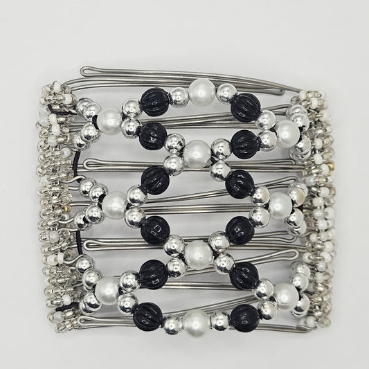 7 Tooth medium Hair comb, Black and silver dressy design