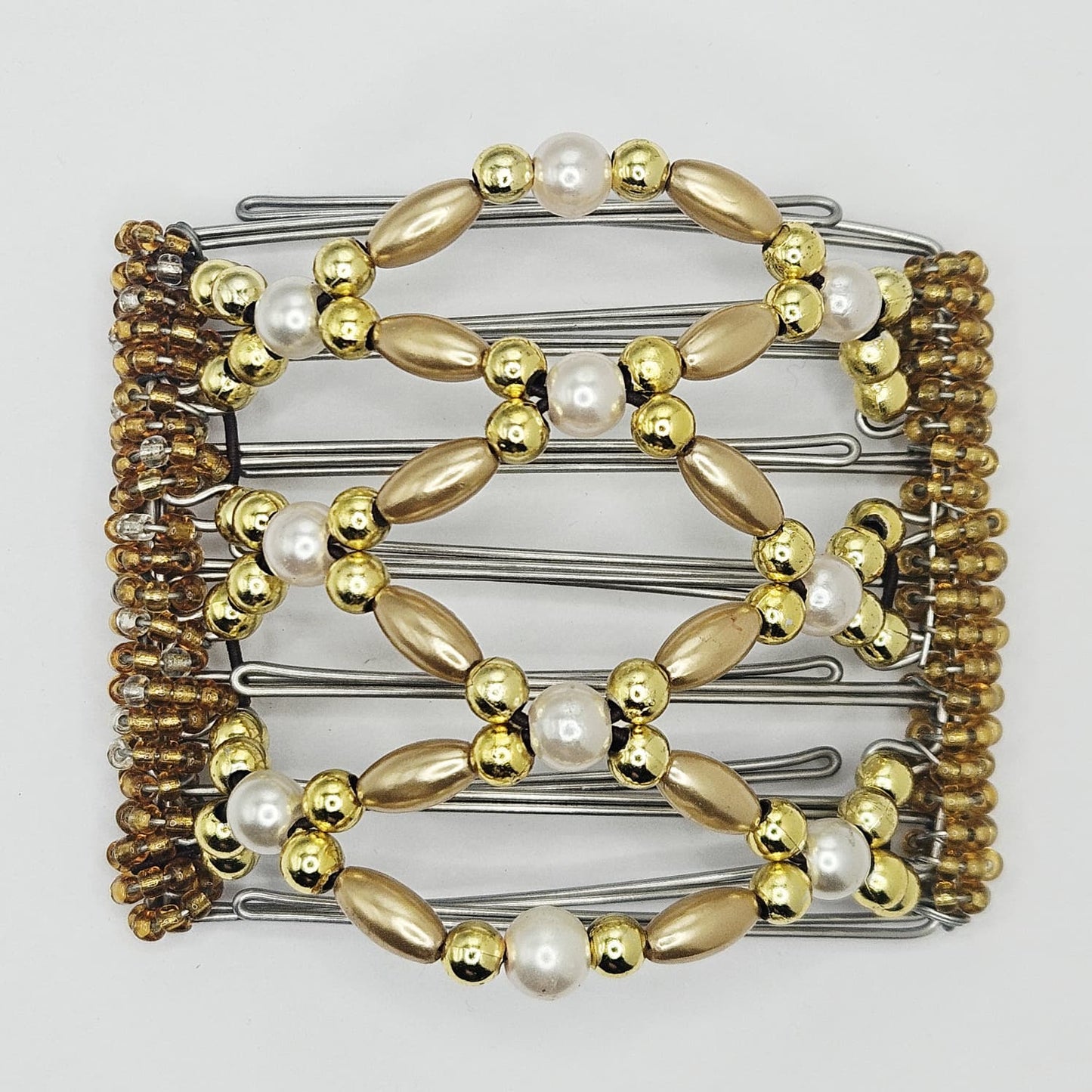 7 Tooth medium Hair comb, Golden elegant , cream pearls