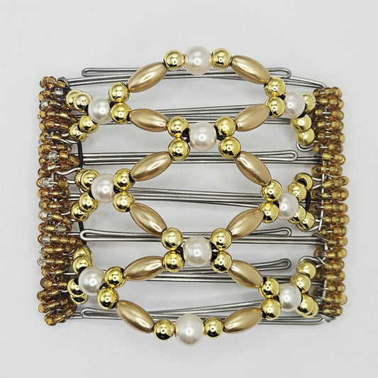 7 Tooth medium Hair comb, Golden elegant , cream pearls