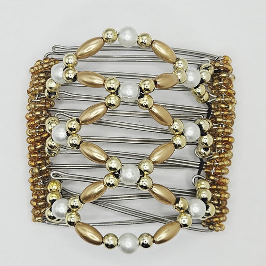 7 Tooth medium Hair comb, Golden elegance, pearl accents