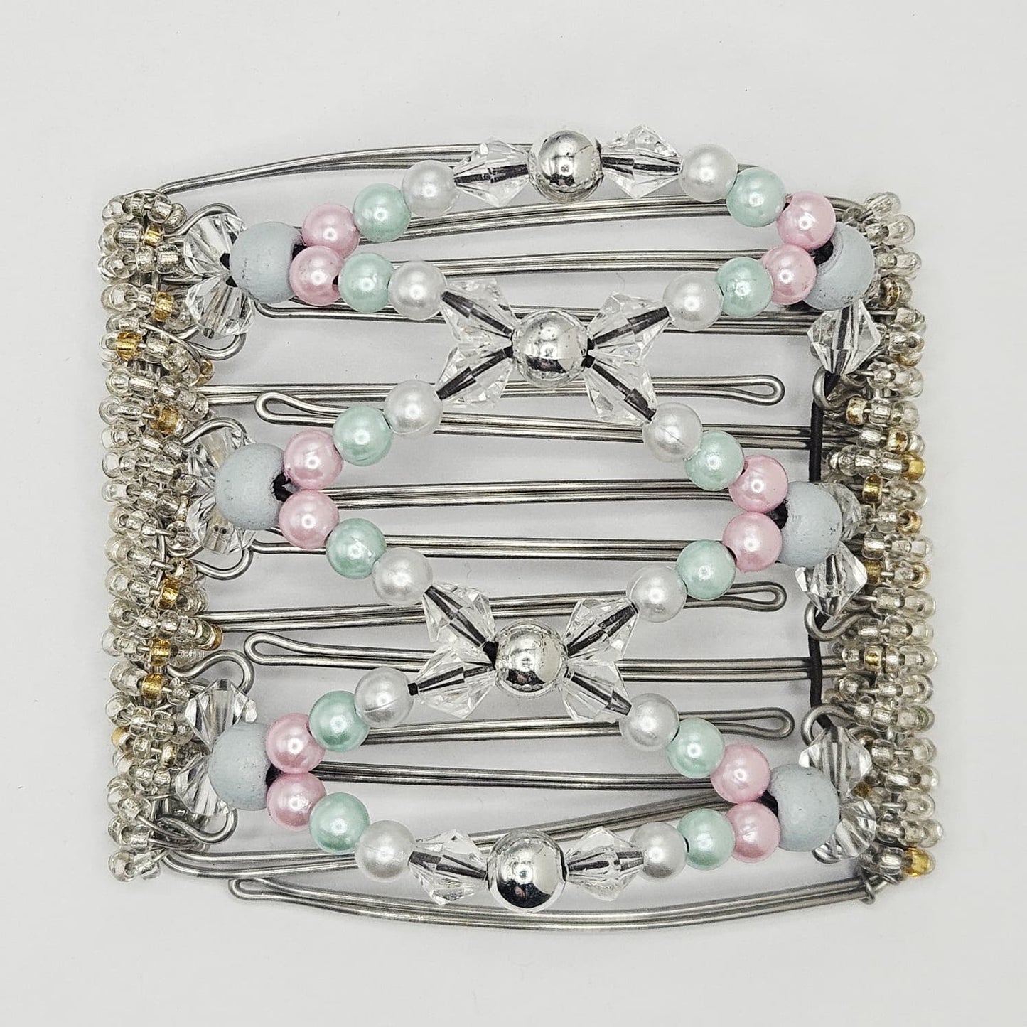 7 Tooth medium Hair comb, pink and sky-blue pearls, princess comb