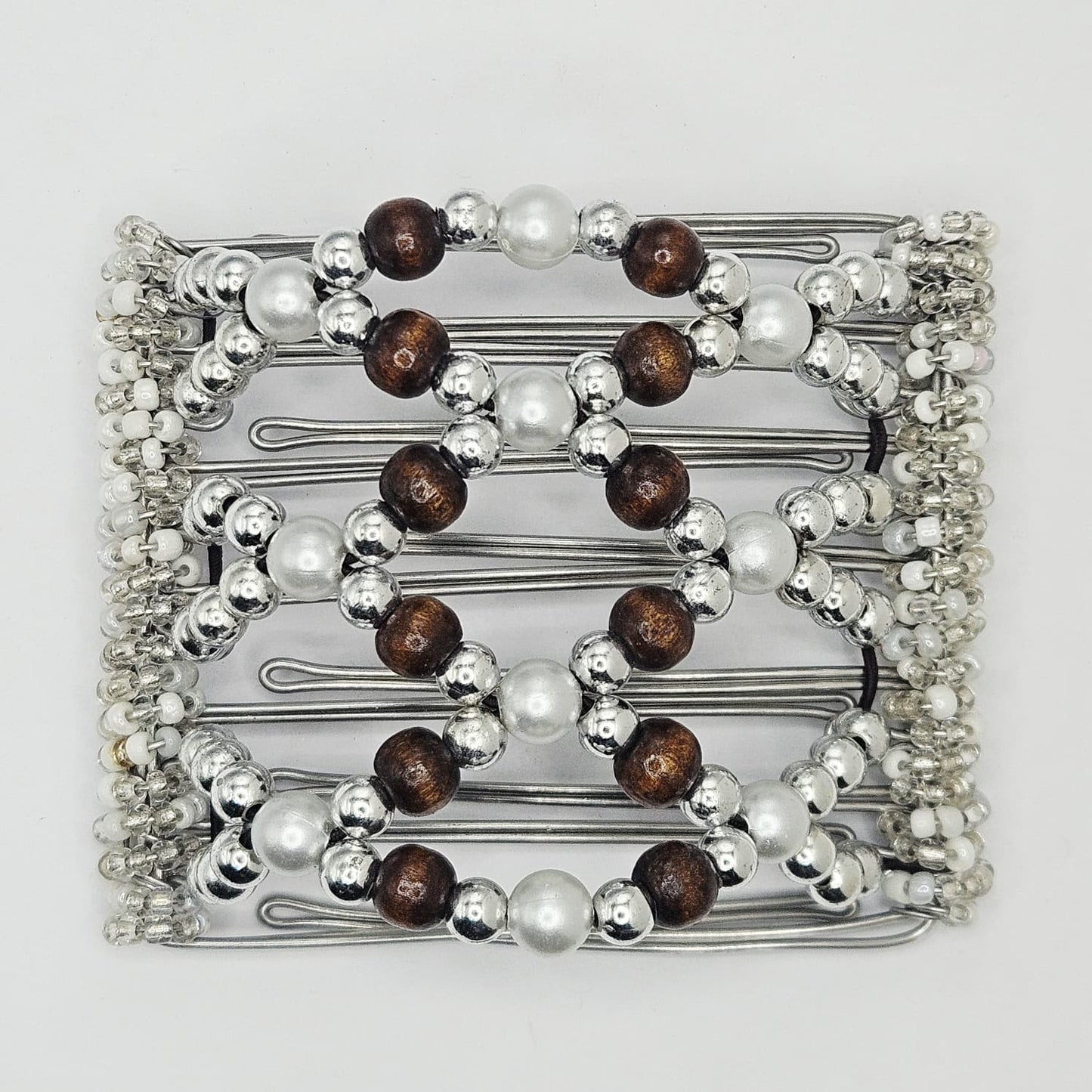 7 Tooth medium Hair comb, Silver and pearls, wood accents(brown)