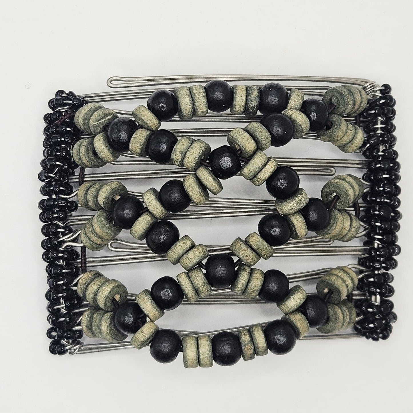 7 Tooth medium Hair comb, Black and green/grey medallion wood