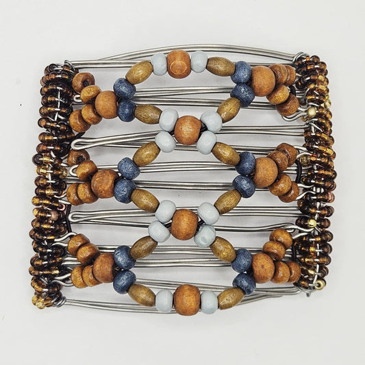 7 Tooth medium Hair comb, Brown and blue neutral wood.