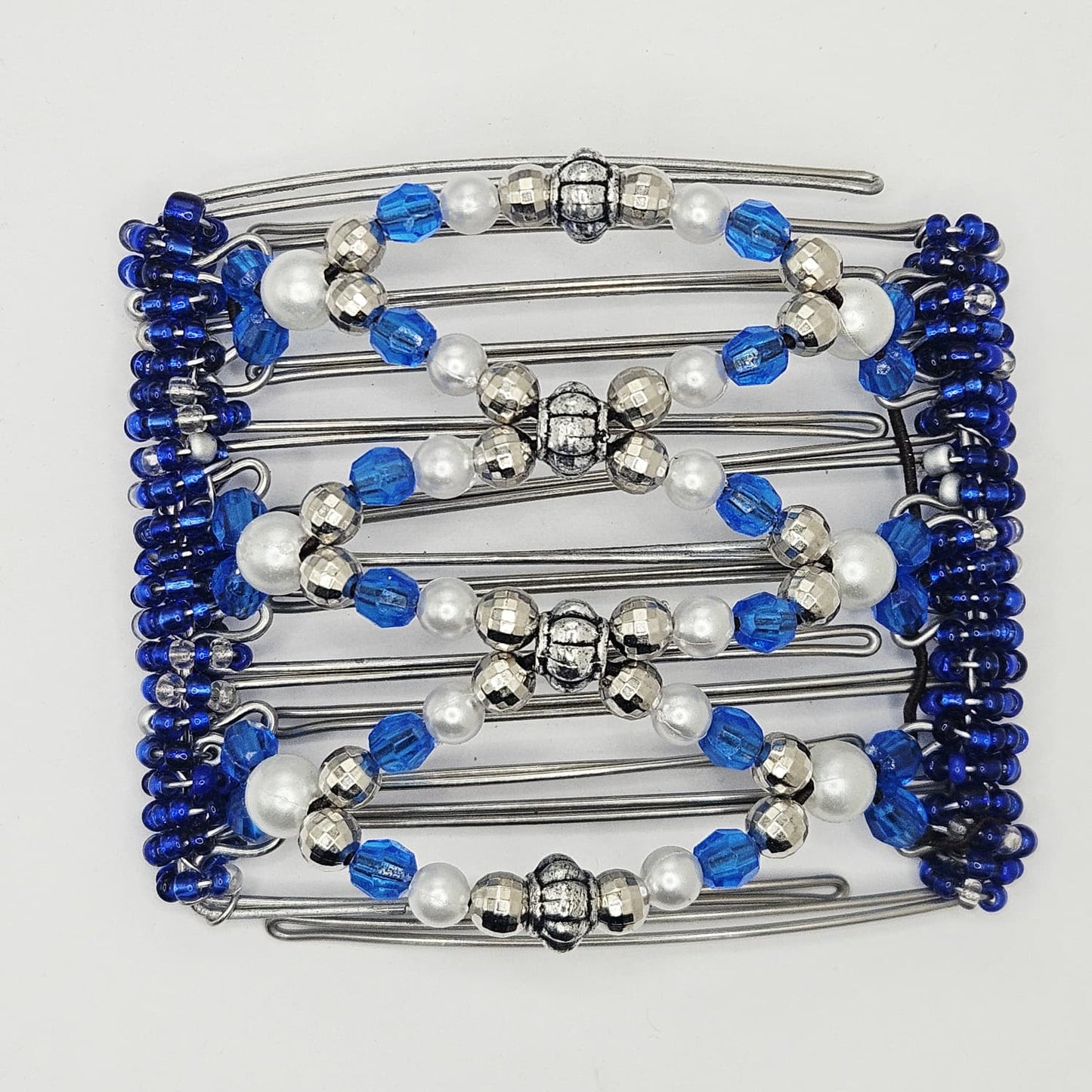 7 Tooth medium Hair comb, Blue and silver, pearls and sparkle.