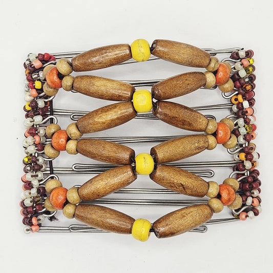 7 Tooth medium Hair comb, Orange, brown, yellow wood. bright and fun