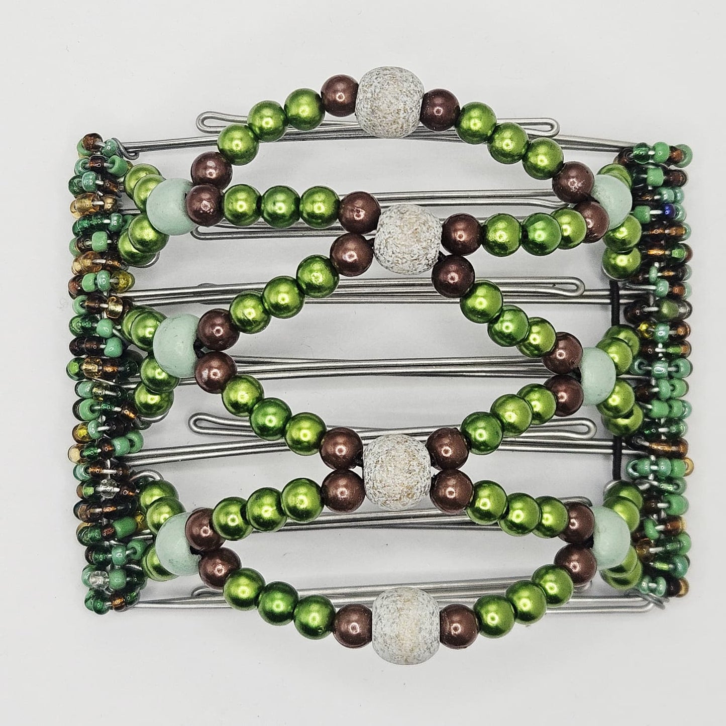 7 Tooth medium Hair comb, Brown and green pearl, forest dweller !!