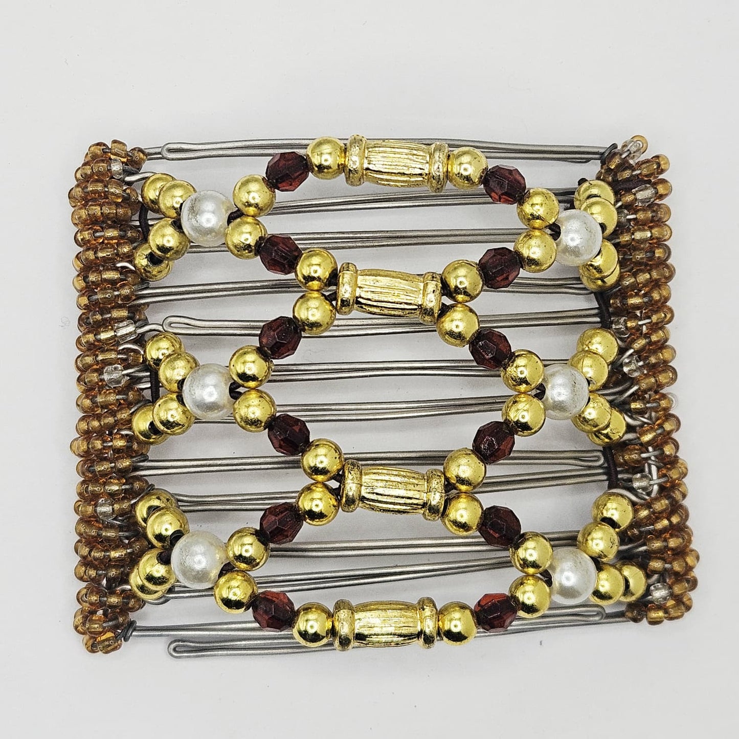7 Tooth medium Hair comb, Garnet and gold pearls and class,