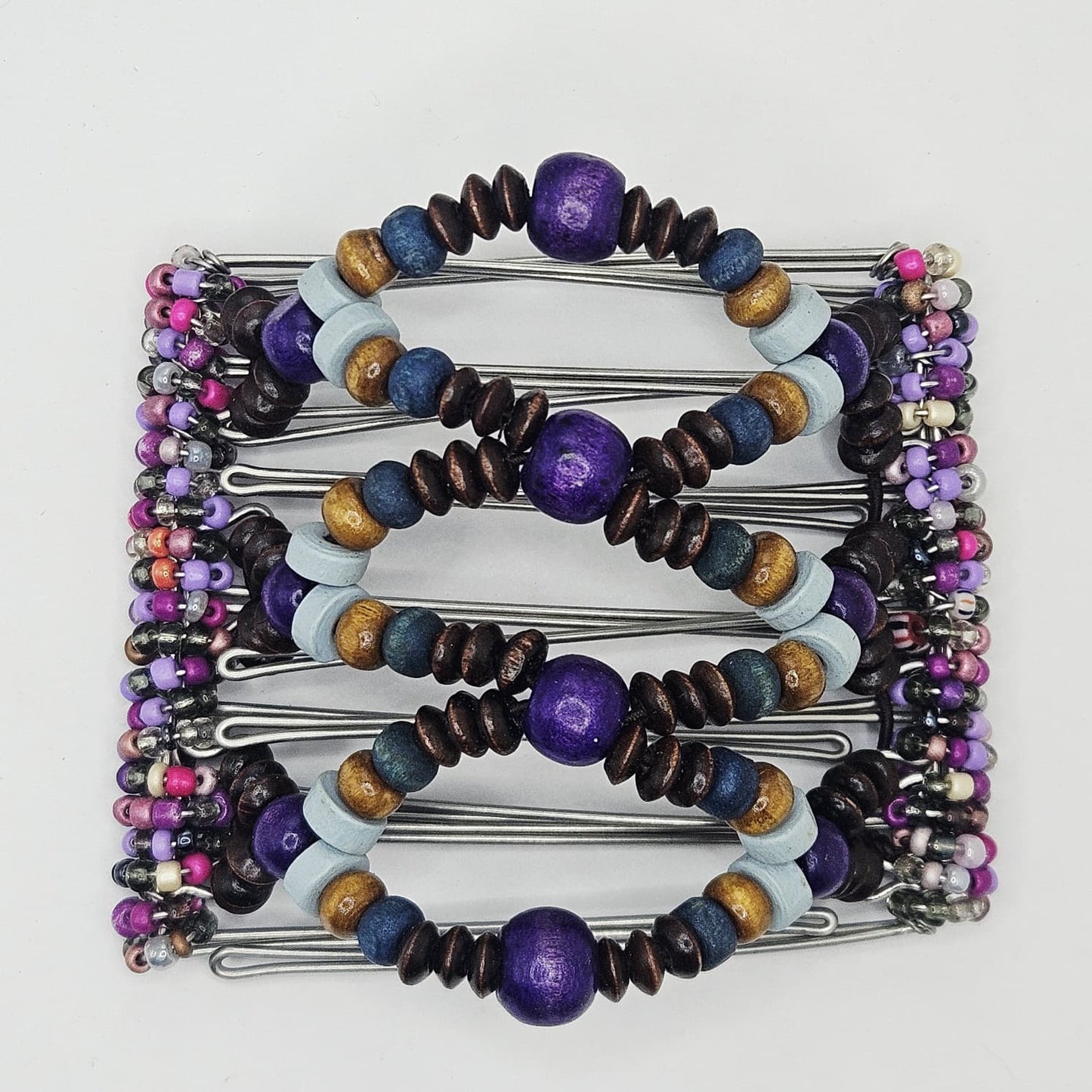 7 Tooth medium Hair comb,medallion Purple and brown geometric design