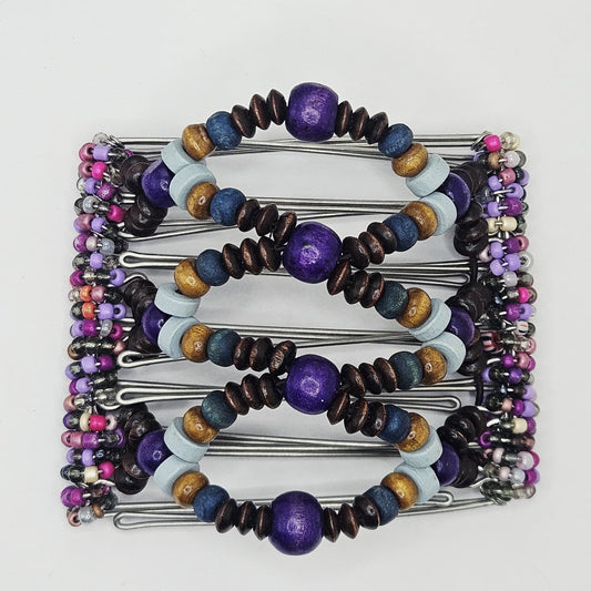 7 Tooth medium Hair comb,medallion Purple and brown geometric design