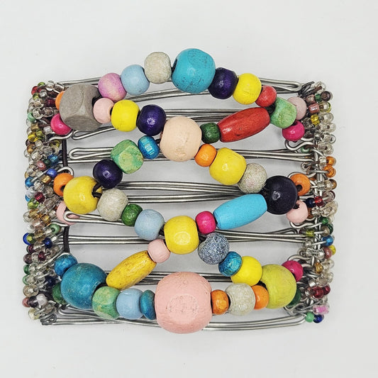 7 Tooth medium Hair comb, Rainbow chunky wood